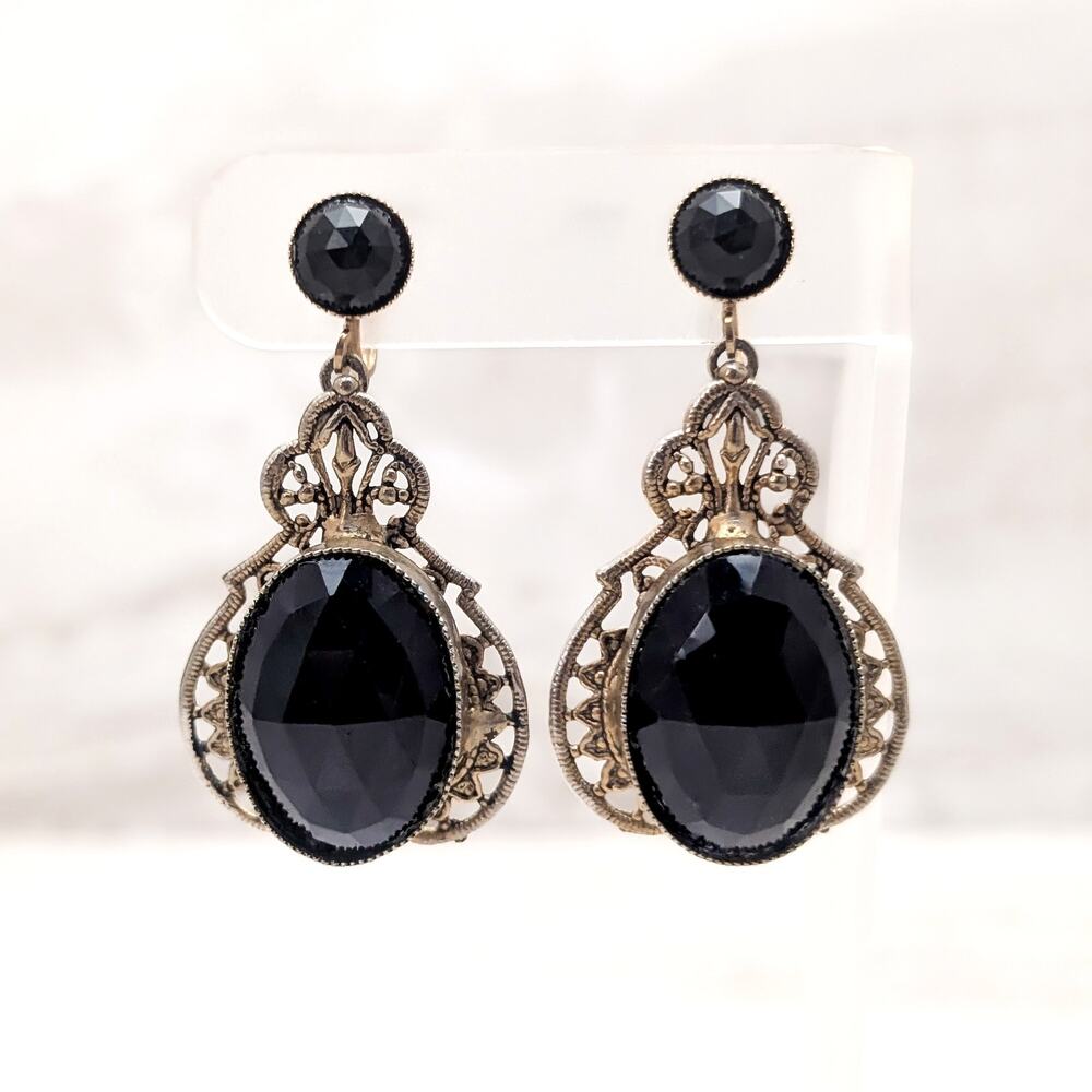 Vintage Screw Back Earrings Extra Large Ornate Gold Tone & Black Gem Dangle Drop